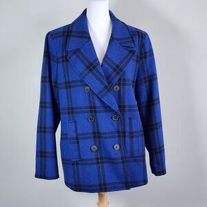 Old Navy Plaid Pea Coat Womens Large Blue Black Double Breasted Wool Blend Check